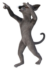 Grey anthropomorphic creature, resembling a mouse, points with the index finger of its right hand at something distant and high. 3d rendering on transparent background, no AI used