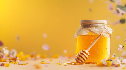 Close-up of a jar of golden honey with wooden dipper surrounded by flower petals