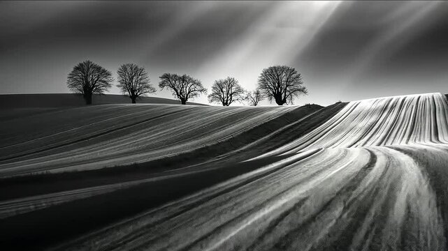 Monochrome Fieldscape: Dramatic interplay of light and shadows over the landscape and trees