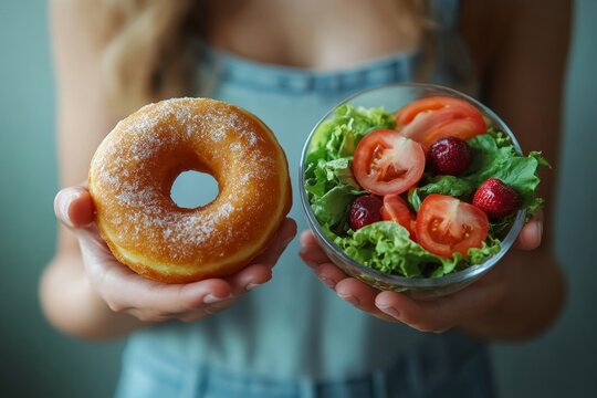 Woman on a diet for good health concept: Female choosing between a doughnut and a salad to make a healthier choice for her well-being., Generative AI - Powered by Adobe