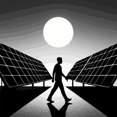 Obraz premium Silhouette of a Person Walking Between Solar Panels Under a Bright Sun Representing Clean Energy and Sustainable Future in a Black and White Illustration
