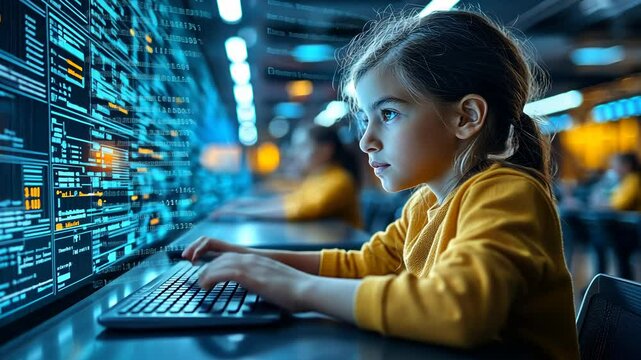 Young girl typing on a computer with glowing code on the screen