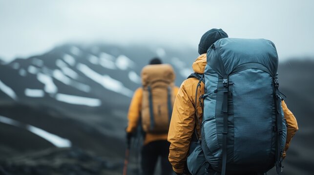 Two hikers with backpacks traverse a misty mountainous landscape, embodying adventure, exploration, and the endurance of the human spirit against nature's beauty.
