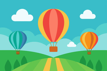Obraz premium Colorful hot air balloons gracefully fly across a bright summer sky, illustrating adventure and fun in a vibrant landscape