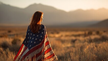 Woman with american flag in golden field patriotic sunset freedom independence day usa landscape mountains