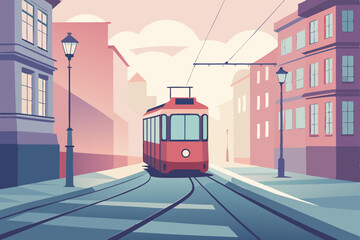 Vintage yellow electric tram on a historic street in Lisbon, Portugal, an iconic urban public transport vehicle