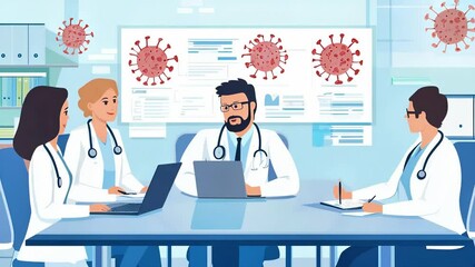 Group of healthcare professionals discussing medical data and research findings in a modern office setting, emphasizing teamwork and collaboration in healthcare - Powered by Adobe