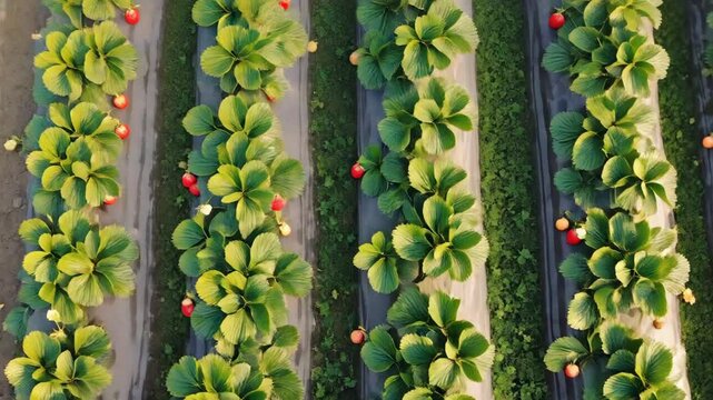 Top-down view of lush strawberry rows in full bloom, vibrant summer harvest, agricultural field pattern