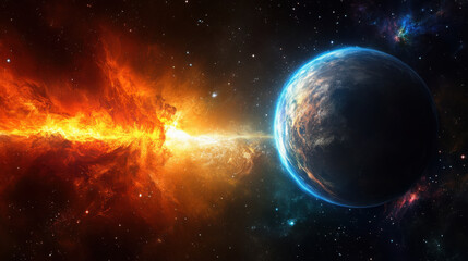 Obraz premium A fiery nebula reaching towards a blue planet in outer space, depicting abstract cosmic energy and galaxy exploration.