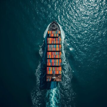 Witness the power and elegance of global commerce: A high-speed aerial view of a modern container ship slicing through the ocean, a dynamic symbol of seamless import-export connectivity and the relent