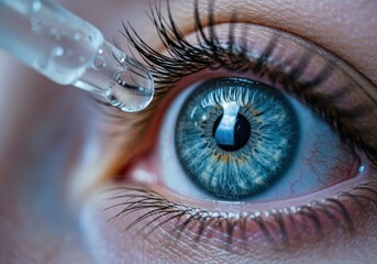 closeup of blue eye receiving drops from dropper. concept of care and treatment. medical and healthcare imagery. ophthalmology, wellness. national eye exam month