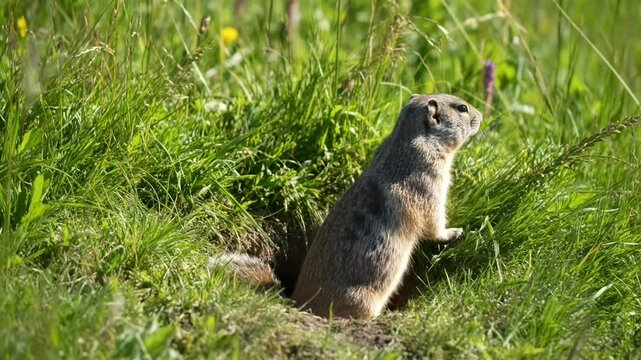 Cute groundhog peeking out of burrow in green grass meadow wildlife animal nature photography rodent habitat on transparent background