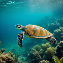 Fototapeta premium Colorful sea turtle swimming gracefully in a vibrant coral reef environment 