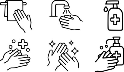A set of six simple, line-art illustrations depicting the steps for proper hand hygiene.