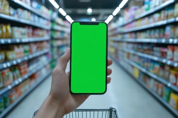 Hand holding smartphone with green screen in supermarket aisle. Blurred shelves with colorful products. Perfect mockup for app, e-commerce, or retail design. Bright and clean background. Banner