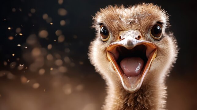 A young ostrich with fluffy feathers is captured mid-call, displaying an expression of excitement and curiosity against a blurred background filled with ambiance.