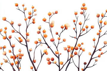 Autumn Berries on Bare Branches Watercolor Painting Nature Art Fall Season Decor on White Background. Generative Ai