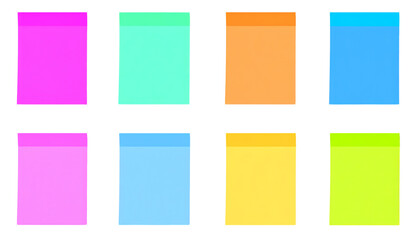 Colorful sticky notes clipart arranged in rows isolated on transparent background, perfect for reminders, notes, or messages. Back to school clipart.