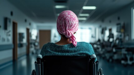 A patient in a wheelchair sits quietly, contemplating her journey during a challenging time, symbolizing resilience and hope in a sterile healthcare environment.