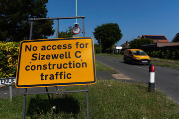 A construction traffic restriction sign near the site of the new Sizewell C nuclear plant in...