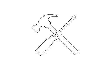 Single continuous line art screwdriver settings symbol silhouette. Computer service technology support design element, . Computer service technology support design element one sketch outline drawing .