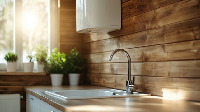 A sunlit kitchen with warm wooden accents that highlights minimalistic design, blending functionality and aesthetics for a cozy, inviting atmosphere.