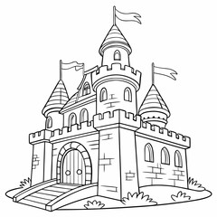 Fairytale Castle Line Drawing A charming black and white illustration of a majestic castle, perfect for children's books or coloring pages.