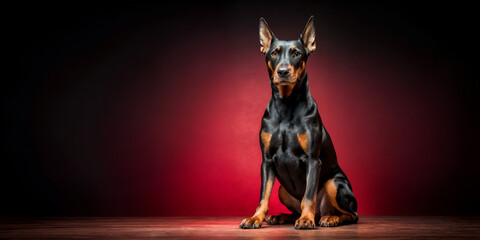 The Doberman is sitting. Pedigree dog. dog on a black background