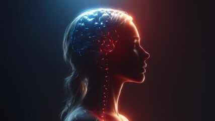 Light illuminates a woman's profile, revealing brain activity and spinal cord connections, suggesting a complex interplay of neurological processes