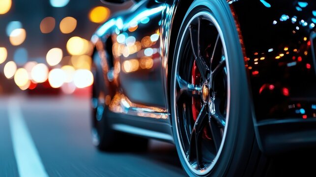 A captivating close-up shot of a sleek car wheel as it glides down a vibrant city road at night, showcasing the thrill of speed and urban life through bokeh lights. - Powered by Adobe