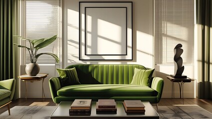 Modern living room interior design featuring a green sofa and blank picture frame
