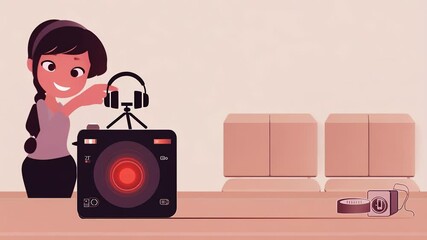 Podcaster preparing equipment and recording podcast