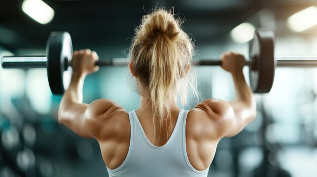 A determined woman showcases her strength and fitness as she lifts weights in a modern gym, embodying empowerment, dedication, and a commitment to personal health.