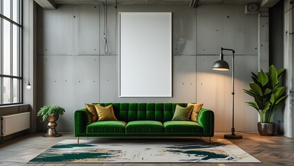 Modern living room interior design featuring a green velvet sofa and blank picture frame.