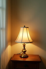 Vintage brass table lamp lit in cozy corner of a room with copy space on pastel wall, macro shot, natural lighting