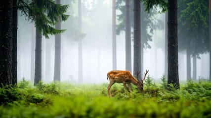 A spotted deer grazes in a misty forest