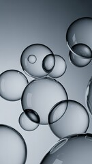Abstract Glass Spheres: 3D Rendering of Translucent Bubbles, Grey Gradient Background, Modern Design Element
