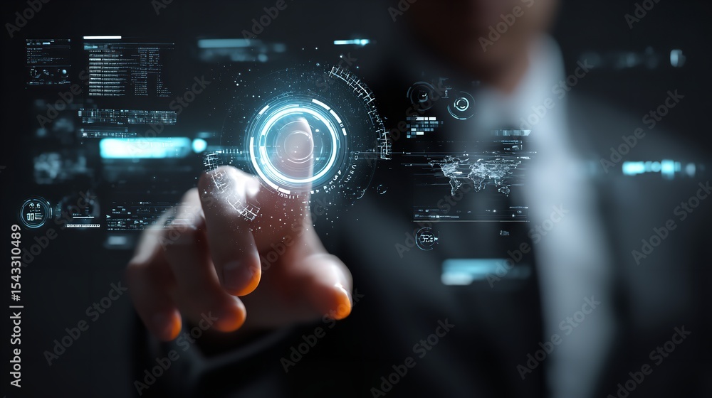 Poster futuristic interface touch screen technology hand interacting with digital hud display concept