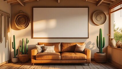 Modern living room interior design with a leather sofa and blank frame for artwork