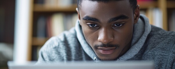 Close-up of a student learning from an online video course, engaging in distance education from the comfort of home., Generative AI