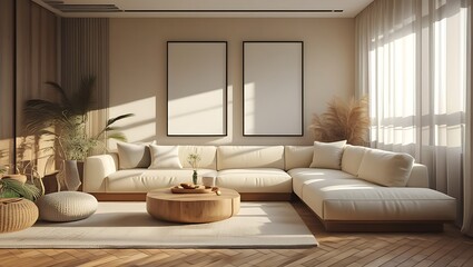 Modern living room interior design with comfortable sofa and blank picture frames