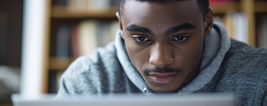 Close-up of a student learning from an online video course, engaging in distance education from the comfort of home., Generative AI