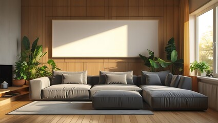 Modern living room interior design with gray sectional sofa and large blank wall space