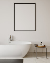 Scandinavian Style Bathroom with Poster Frame Above Tub and Metal Side Table – Vertical Close-Up