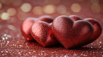 Fototapeta premium Three red hearts on a glittery maroon background