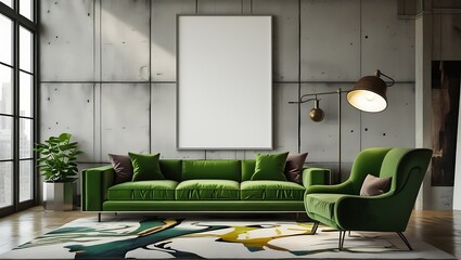 Modern living room interior design with green sofa blank poster and decorative rug