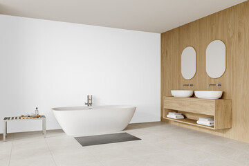 Modern minimalist bathroom mockup with freestanding bathtub and twin wood vanity isolated on...