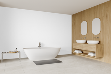 Modern minimalist bathroom mockup with freestanding bathtub and twin wood vanity isolated on transparent background with Realistic Shadows – 3D render