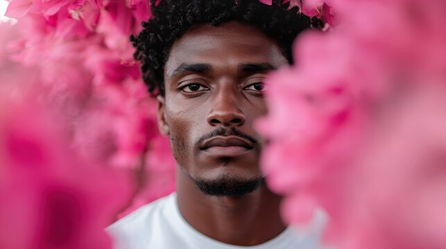 Amidst blooming pink flowers, a serious-looking man gazes directly at the camera, creating a striking contrast between his expression and the vibrant, joyful background.