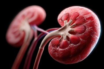 A vivid detailed rendering of two kidneys showing inner structures against a black background